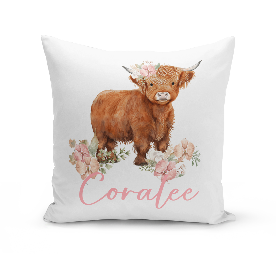 Highland Cow Floral Cushion Personalised